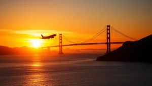 Sunset over San Francisco Bay with Golden Gate Bridge silhouette, airplane taking off, warm golden hour lighting, photorealistic travel photography