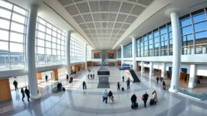 Panoramic view of Salt Lake City International Airport modern terminal interior with sleek architectural design, travelers walking through bright corridors, natural light streaming through windows, contemporary airport aesthetic