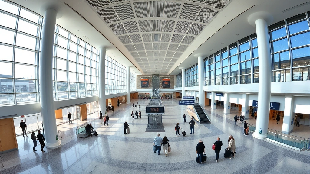 Panoramic view of Salt Lake City International Airport modern terminal interior with sleek architectural design, travelers walking through bright corridors, natural light streaming through windows, contemporary airport aesthetic