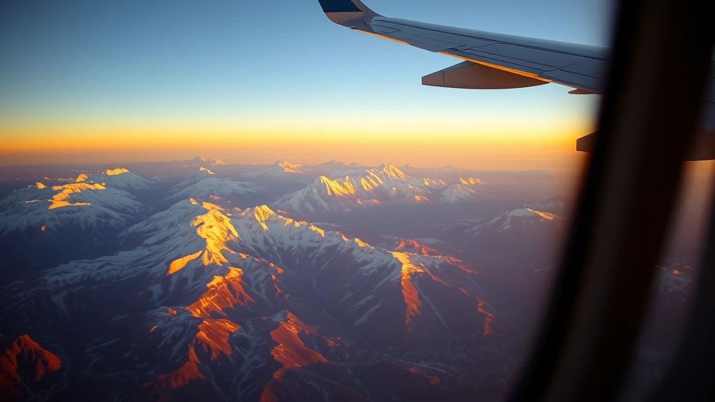 Scenic Rocky Mountain landscape visible from airplane window, snow-capped peaks, dramatic mountain terrain between Salt Lake City and Denver, golden hour lighting over Colorado mountains, aerial perspective of mountain ranges
