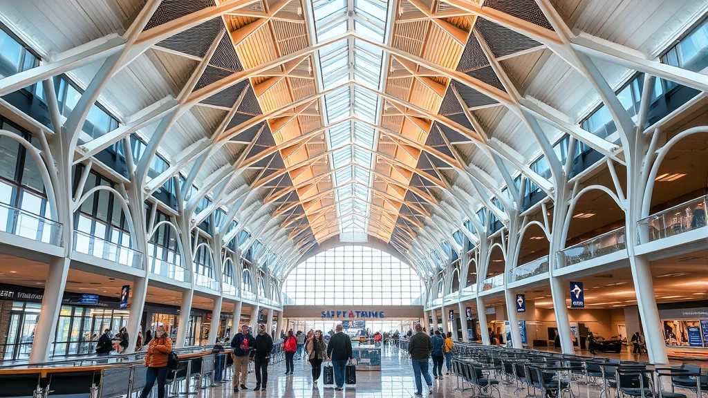 Denver International Airport modern concourse with distinctive peaked roof architecture, travelers at gates, contemporary airport design, spacious terminal interior, DEN terminal aesthetic with modern seating areas