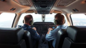 Commercial aircraft cockpit interior with pilots at controls during flight, modern avionics displays visible, professional aviation environment, daytime lighting