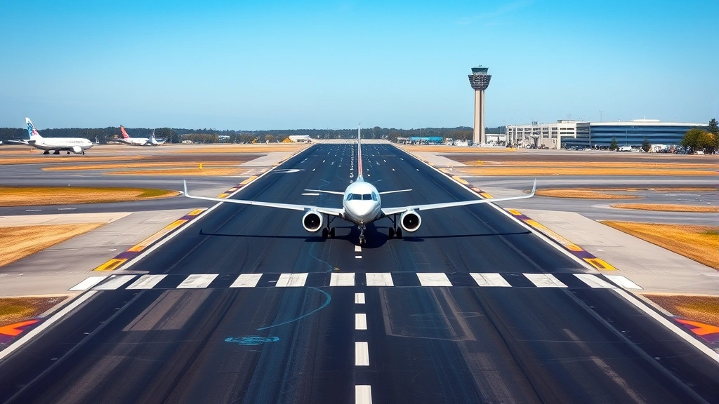 Nashville International Airport runway with commercial jet landing, control tower visible in background, clear blue sky, professional airport infrastructure