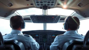 Modern airplane cockpit with pilots monitoring flight instruments and weather radar, bright sunlight streaming through windows, professional aviation environment