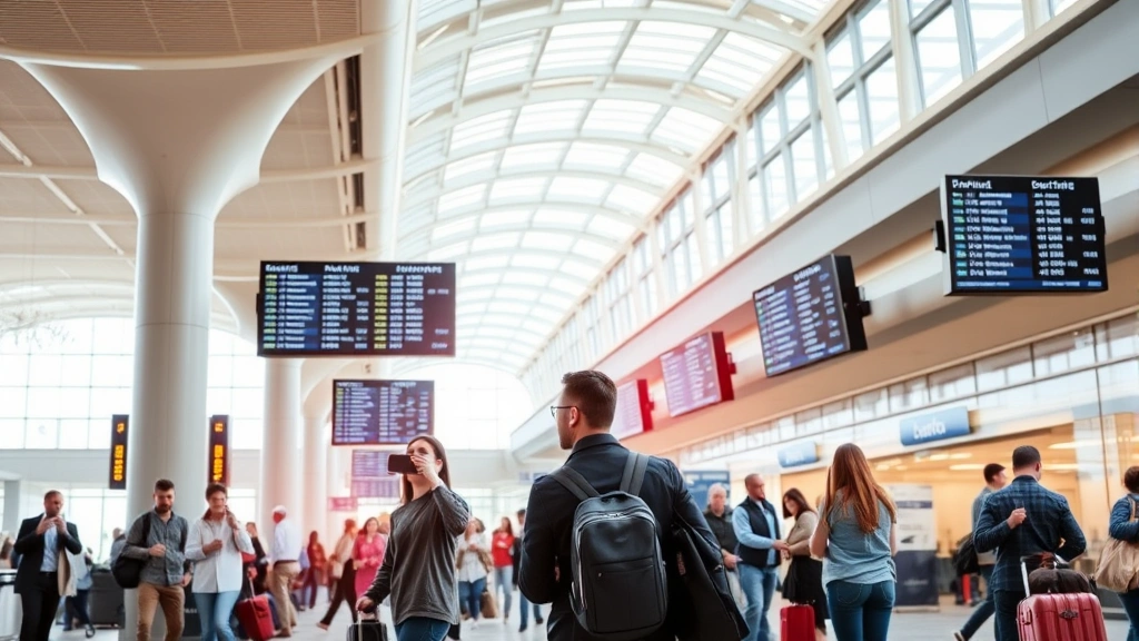 Busy airport terminal with departure boards displaying flight information, passengers checking phones and luggage, contemporary airport architecture with natural lighting