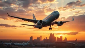 Aerial view of modern commercial aircraft landing at Atlanta Hartsfield-Jackson International Airport with city skyline visible below during golden hour sunset, photorealistic travel photography
