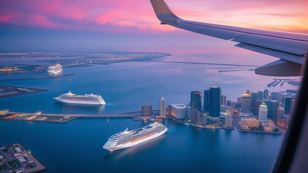 Tampa Bay skyline at twilight with cruise ships and waterfront buildings illuminated, viewed from aircraft window perspective, vibrant travel destination photography
