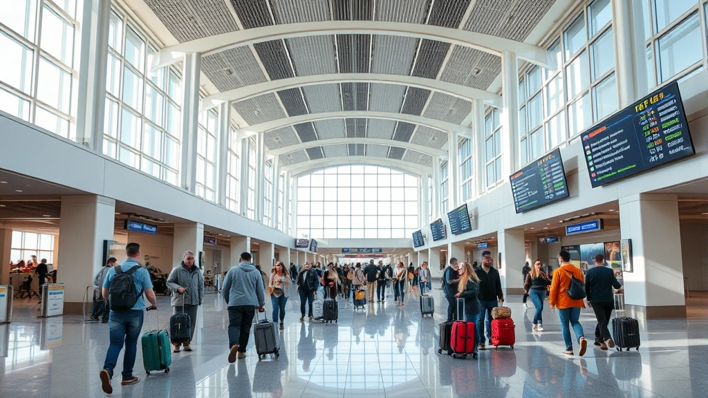 Tampa International Airport departure hall interior with modern architecture, travelers with luggage, departure boards, bright natural lighting, bustling terminal atmosphere