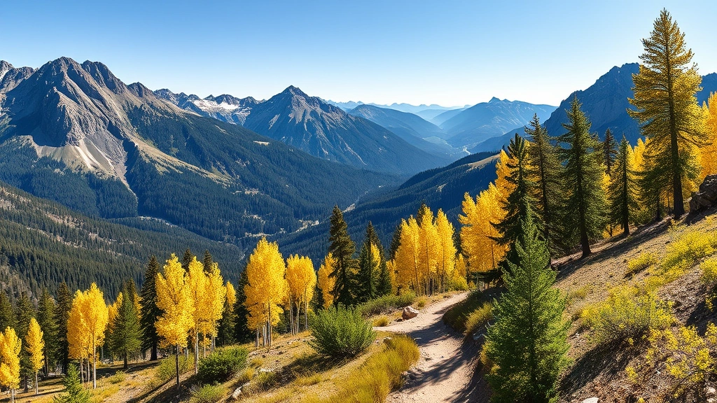Colorado mountain landscape with hiking trail, aspen trees, clear blue sky, scenic vista perfect for adventure travel inspiration, no people visible