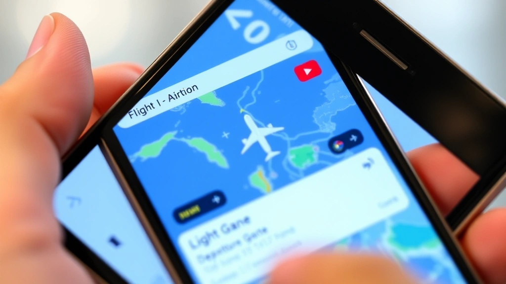 Close-up of person holding smartphone showing flight tracking app with live aircraft position map, departure gate information, and real-time status updates visible on screen