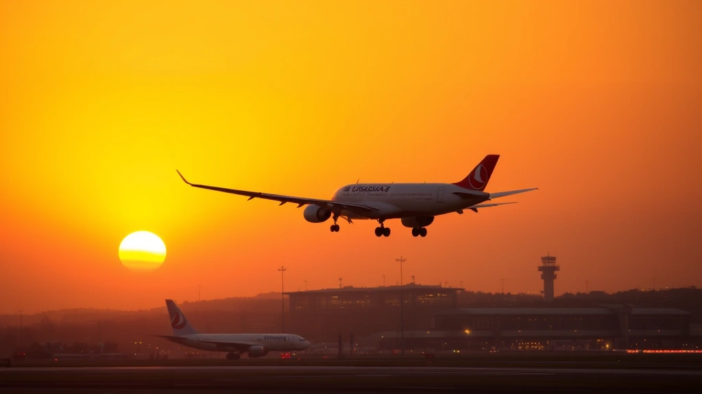 Turkish Airlines aircraft taking off at sunset from Istanbul airport, with runway lights and terminal buildings visible in background, dramatic golden hour lighting