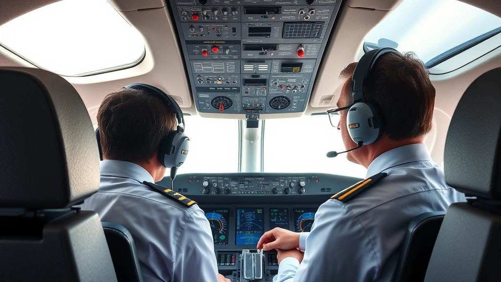 Professional airline cockpit with pilots using modern avionics displays and communication systems, bright natural light from window, focused pilots in uniform monitoring instruments