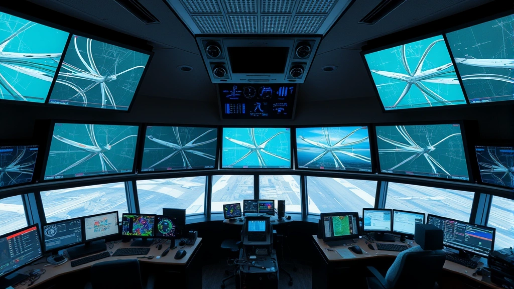 Air traffic control tower interior with multiple radar screens and communication equipment, controllers monitoring flight paths, technical workspace with digital displays and professional atmosphere