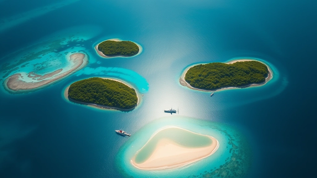 Aerial view of turquoise Caribbean waters surrounding lush green islands, white sandy beaches visible below, morning sunlight, photorealistic, no text or signs