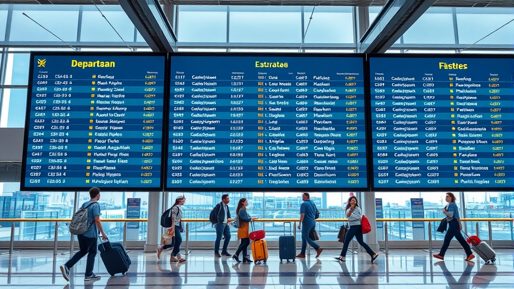 Modern airport departure board showing Caribbean flight destinations, travelers with luggage in contemporary terminal, natural lighting, photorealistic, no readable text