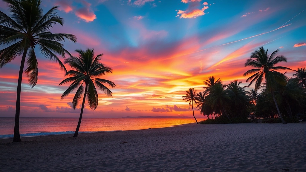Sunset over tropical beach with palm trees and calm ocean, colorful sky reflecting on water, empty sandy shore, photorealistic, no people or structures with text
