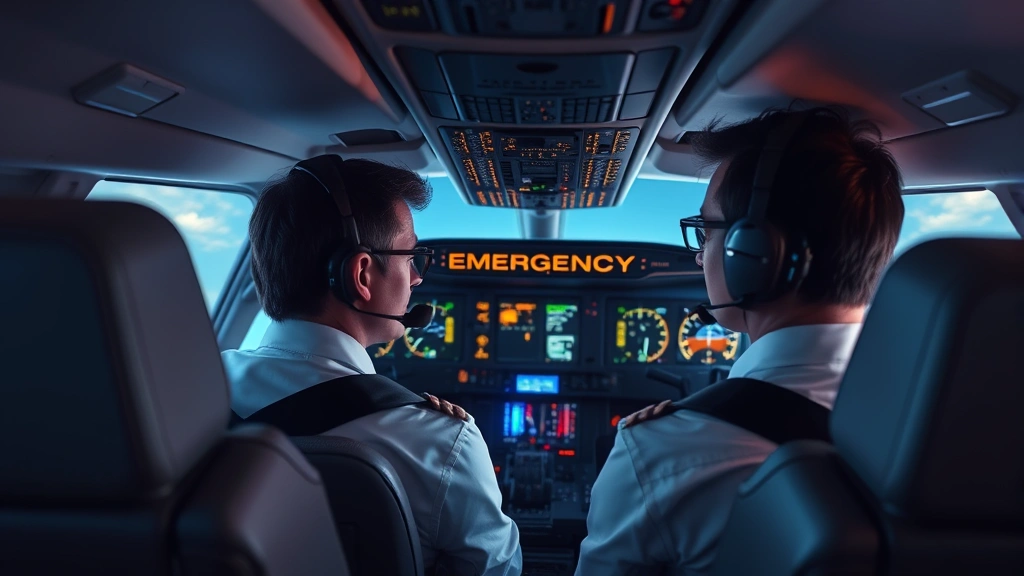 Professional cockpit interior showing pilots in serious focus during emergency procedures, modern aircraft instruments and controls visible, warm cabin lighting, realistic detail photography style