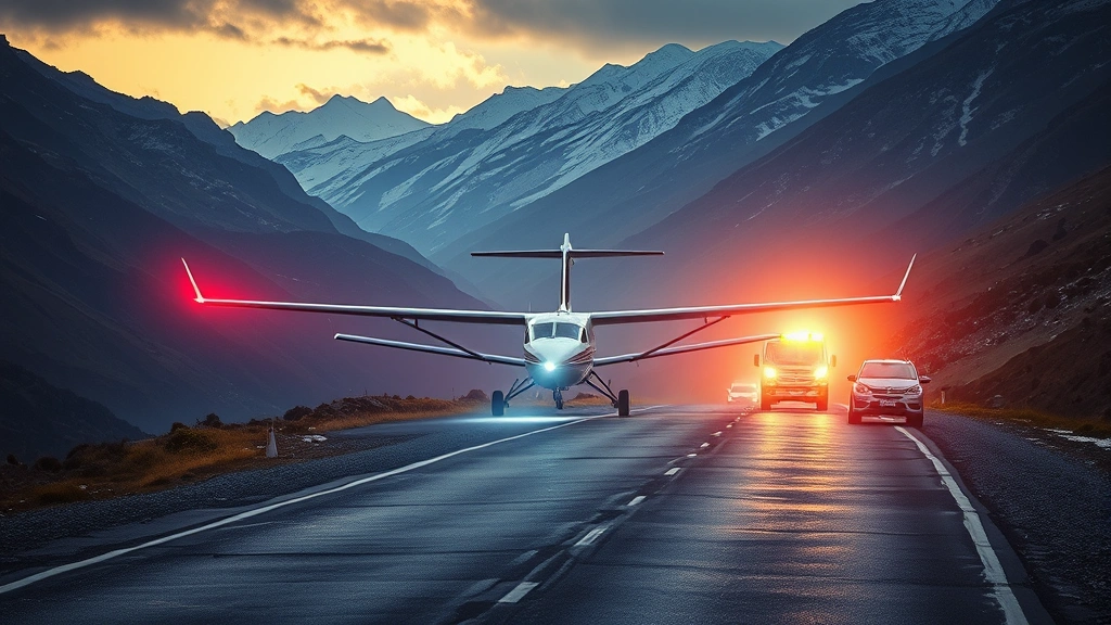 Emergency landing scene on mountain valley road with aircraft safely on ground, emergency vehicles approaching with lights on, mountain terrain in background, dramatic rescue operation lighting, photorealistic style