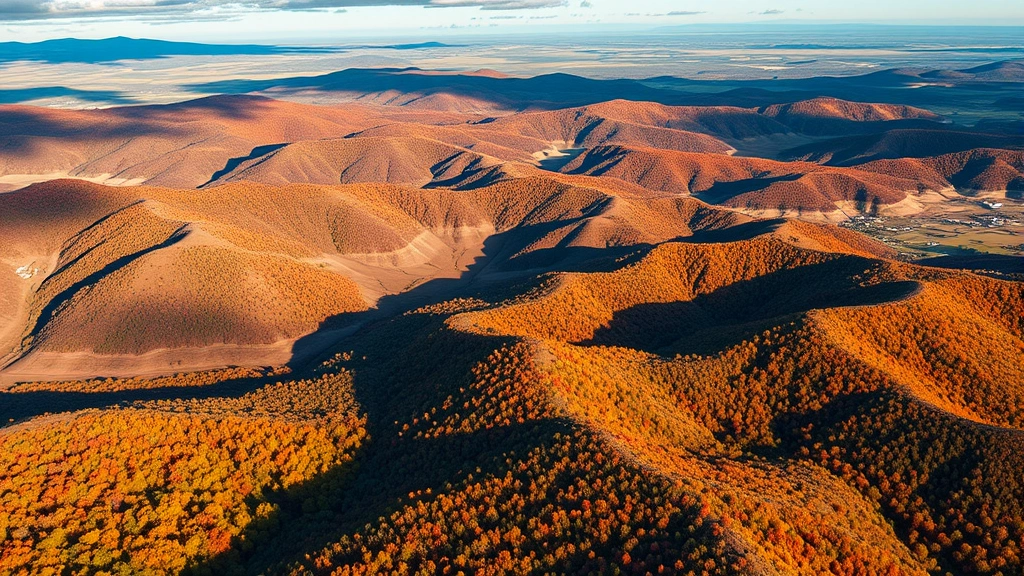 Aerial view of diverse American landscape showing patchwork of fall colors, mountains, valleys, and scenic terrain during October, natural lighting from above