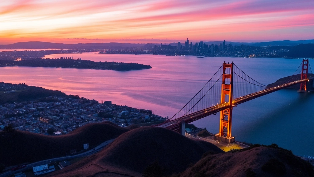 Aerial view of San Francisco skyline with Golden Gate Bridge during sunset, vibrant orange and pink sky, bay waters reflecting light, cityscape sprawling across hills