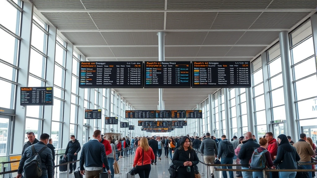 Modern airport terminal interior with travelers checking in, departure boards displaying flight information, natural light from windows, bustling travel atmosphere