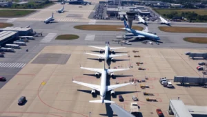 Aerial view of Cleveland Hopkins International Airport tarmac with commercial aircraft lined up, ground support vehicles, and control tower visible under bright daylight
