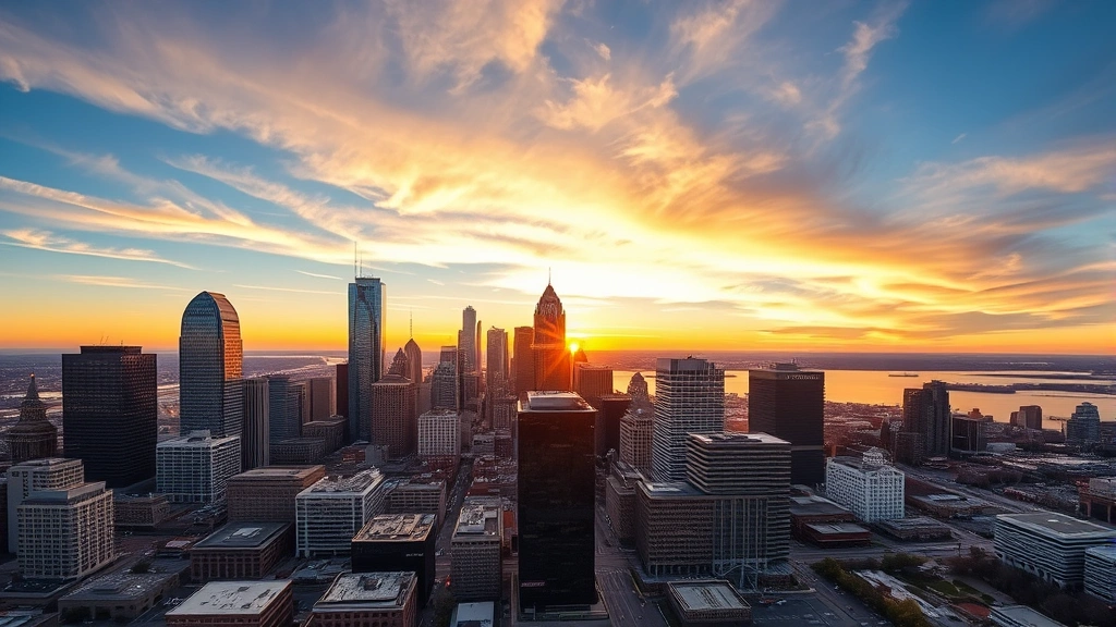 Aerial view of Cleveland skyline with Lake Erie in background, modern downtown buildings reflecting sunset, photorealistic professional photography