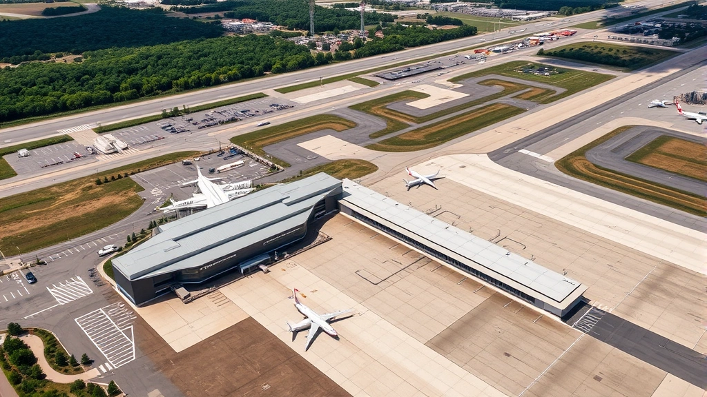 Aerial view of Cleveland Hopkins International Airport with modern terminal buildings, aircraft on tarmac, surrounding Ohio landscape with trees and parking areas visible from above