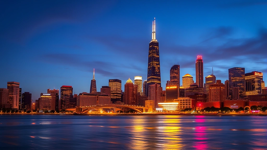 Chicago skyline at dusk with Willis Tower and architectural landmarks lit up, Lake Michigan waterfront, vibrant city lights reflecting on water, professional travel photography