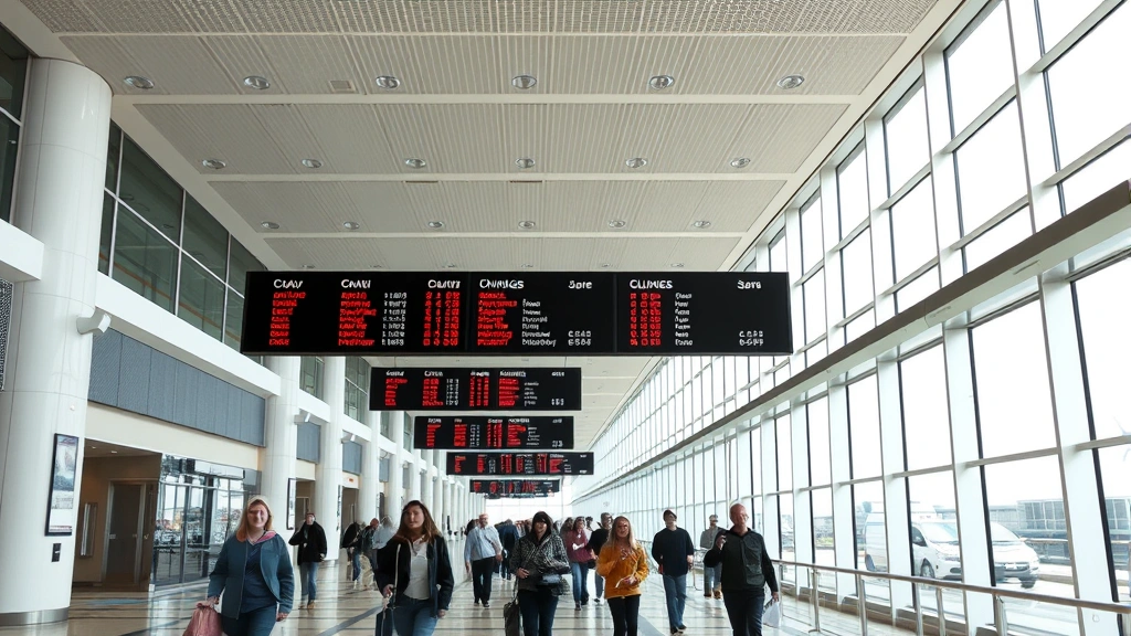 Interior of Chicago O'Hare Airport terminal showing passengers walking through bright modern corridor with contemporary architecture, departure boards overhead, natural lighting from windows