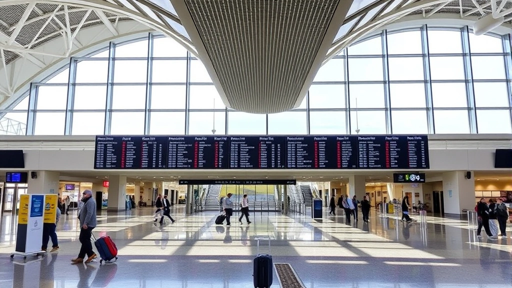 Cleveland Hopkins International Airport terminal interior with modern design, departures board, travelers with luggage, contemporary airport architecture, natural lighting