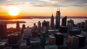 Aerial view of Cleveland city skyline at sunset with Lake Erie in background, modern buildings reflecting golden light, professional travel photography