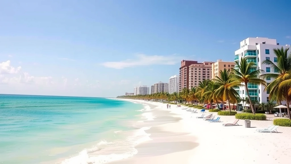 Miami Beach scene with turquoise ocean waters, white sandy beach, palm trees, Art Deco buildings in background, vibrant blue sky, vacation destination aesthetic