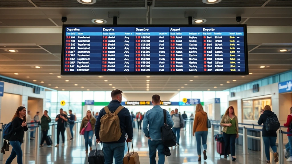 Airport departure board showing flight information with passengers walking through modern terminal, warm lighting, travel journey atmosphere, diverse travelers