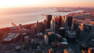 Aerial view of Cleveland skyline with Lake Erie in background at golden hour, professional photography, no text or signs visible