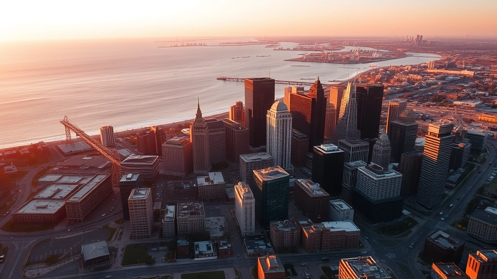 Aerial view of Cleveland skyline with Lake Erie in background at golden hour, professional photography, no text or signs visible