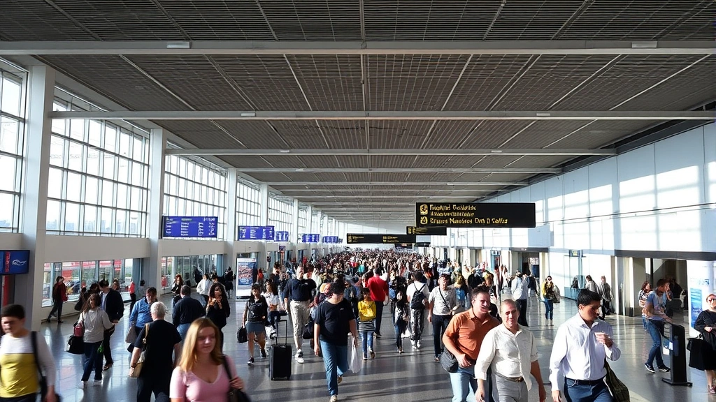 Busy Newark Airport terminal interior with travelers and modern architecture, bustling travel hub atmosphere, natural lighting, no visible signage or text