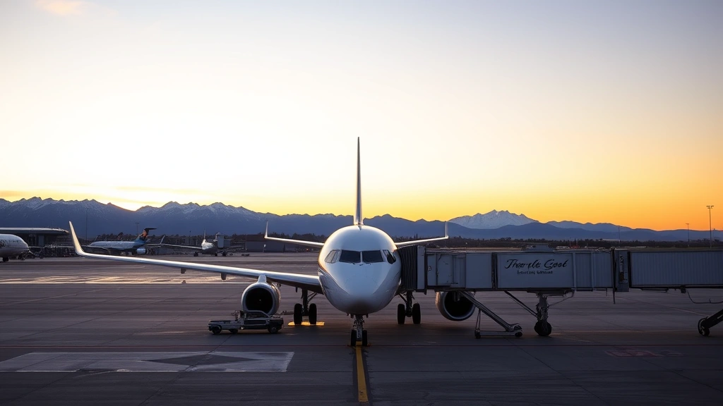 Denver International Airport tarmac at sunset with Rocky Mountains in background, commercial aircraft boarding with ground crew, professional aviation photography