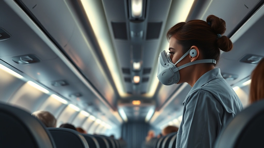 Interior aircraft cabin during safety briefing with flight attendant demonstrating oxygen mask deployment to attentive passengers, realistic cabin lighting and modern aircraft interior