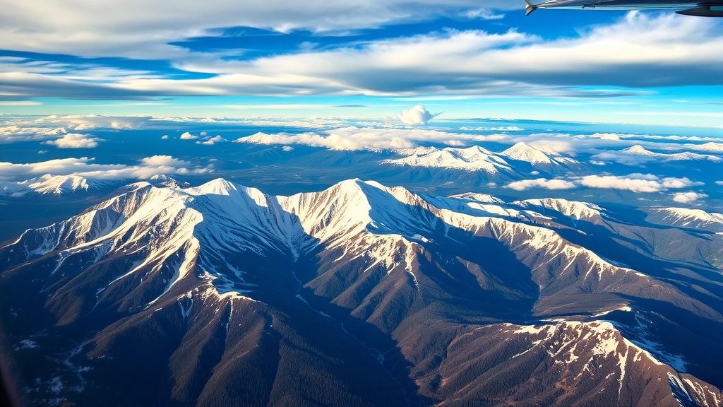 Colorado mountain landscape with snow-covered peaks and forested valleys, scenic aerial view from aircraft window showing terrain and weather formations, golden hour lighting