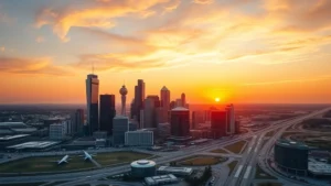 Aerial view of Dallas skyline at sunset with DFW airport runways visible, golden hour lighting, modern cityscape with glass buildings reflecting orange sky, photorealistic travel photography