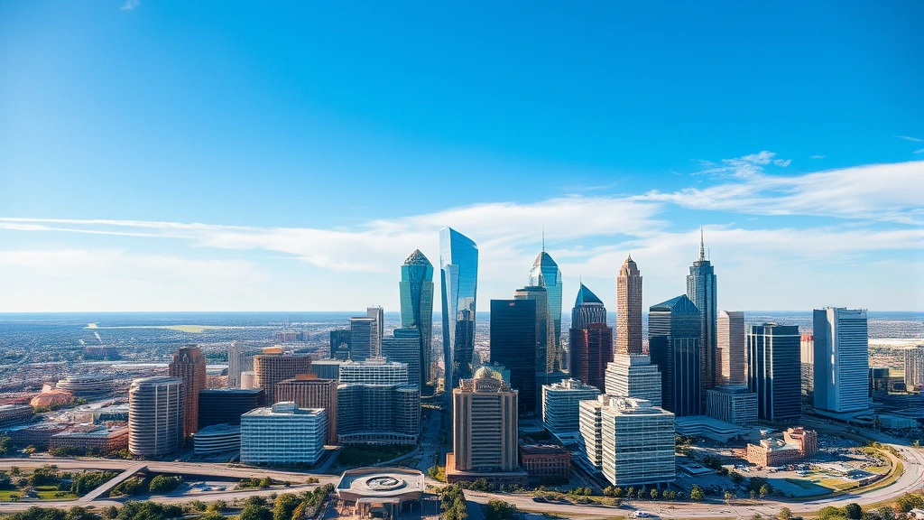 Aerial view of Dallas-Fort Worth skyline with modern skyscrapers and blue sky, photorealistic travel photography