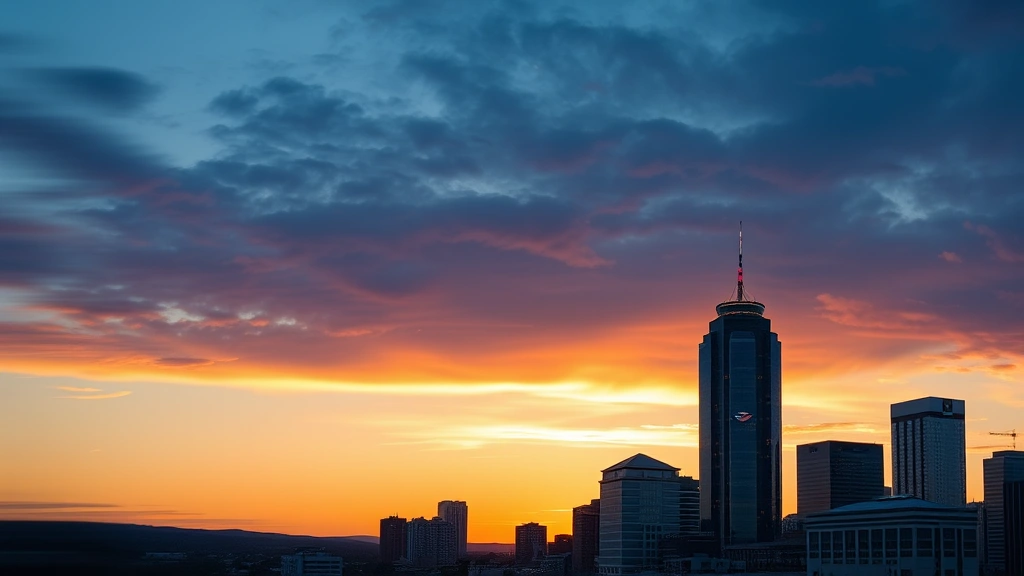 Scenic view of Charlotte's downtown skyline with Bank of America tower at sunset, golden hour city landscape photography