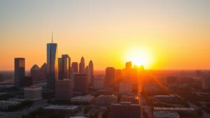Aerial view of Dallas skyline at sunset with downtown skyscrapers, reflecting golden light, wide angle perspective showing urban landscape