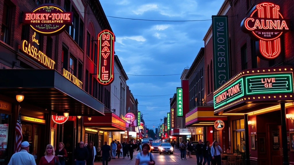 Nashville honky-tonk street scene with neon signs glowing, live music venue entrances, bustling pedestrians enjoying evening atmosphere