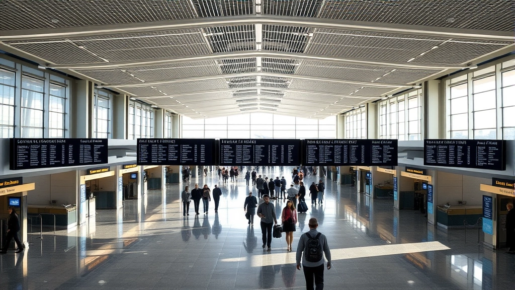 Interior of modern airport terminal with travelers walking through corridors, departure boards displaying flight information, natural lighting from windows