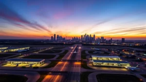 Aerial view of Dallas-Fort Worth International Airport at sunrise with runway lights, modern terminal buildings, and city skyline in background