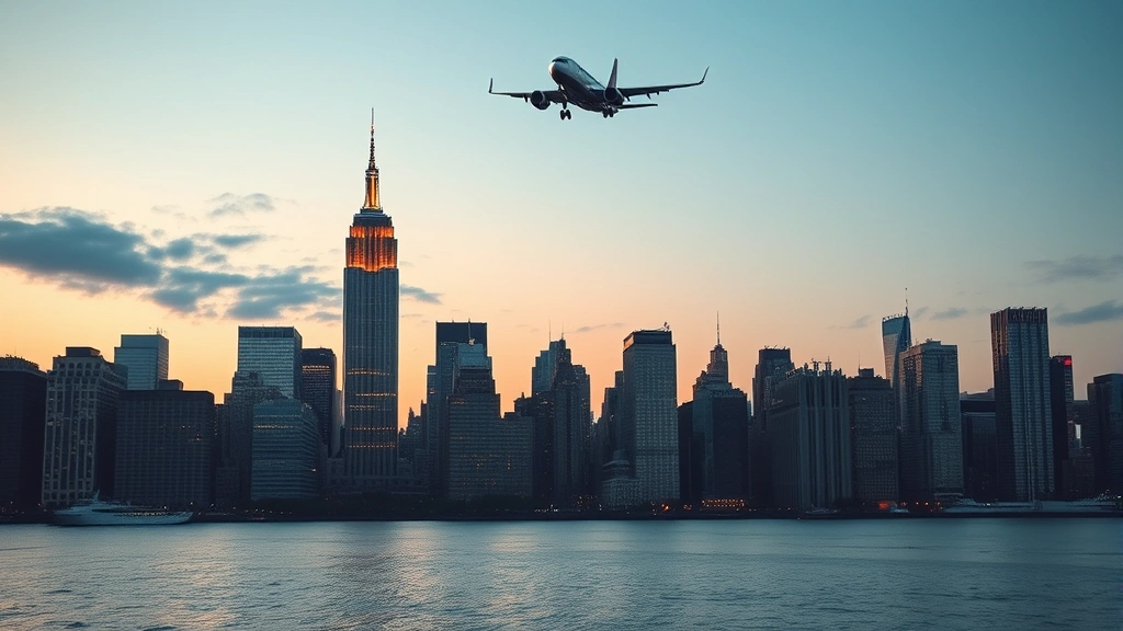 Manhattan skyline at dusk showing Empire State Building and iconic NYC skyscrapers reflected in Hudson River with passenger jet approaching overhead