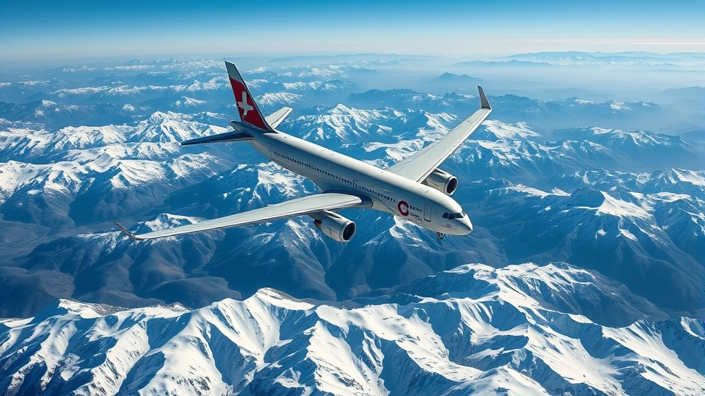 Aerial view of a modern commercial aircraft cruising over the Sierra Nevada mountains with snow-capped peaks below and clear blue sky, photorealistic professional aviation photography