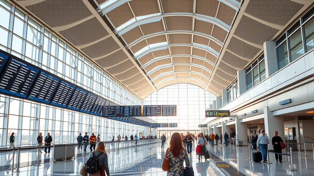 Dallas-Fort Worth International Airport terminal interior with modern architecture, departure boards, travelers with luggage, bright natural lighting, photorealistic airport environment